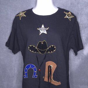 Vintage Black Tee Western Themed XL Gold Star Shoulder Pads Fast Fashion